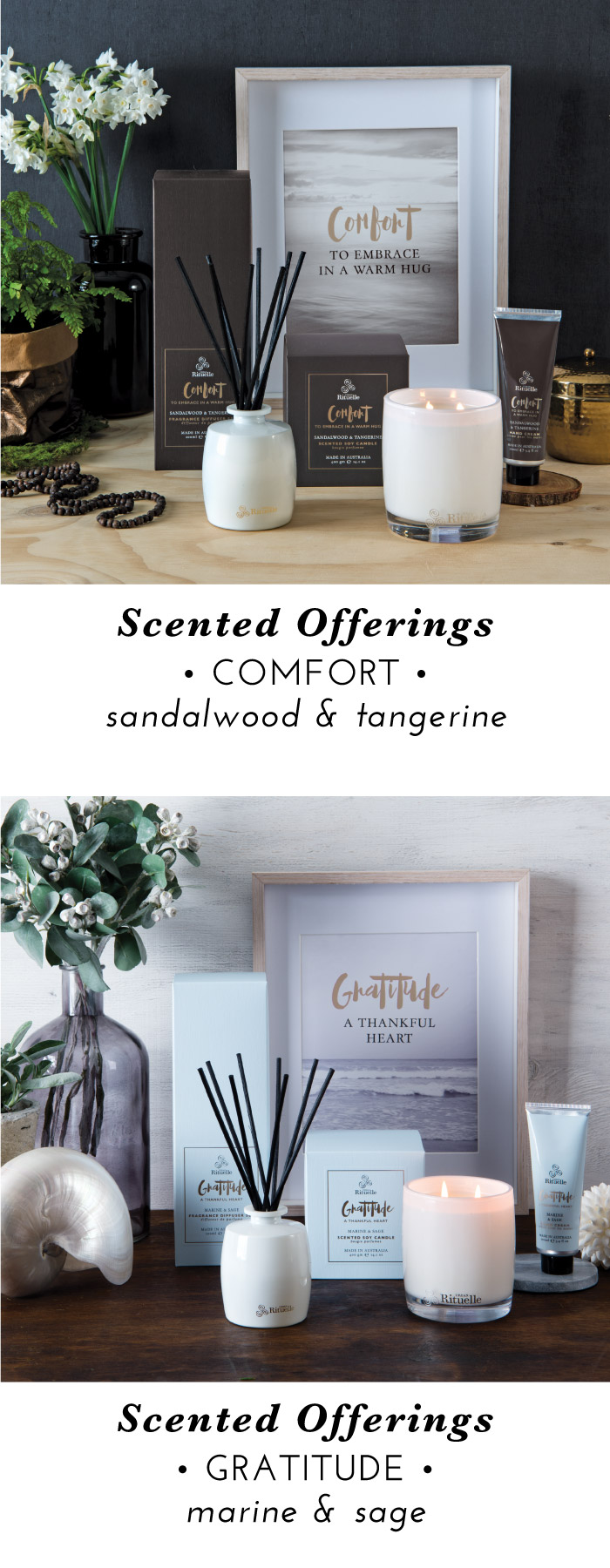 Comfort: Sandalwood & Tangerine. Gratitude: Marine & Sage